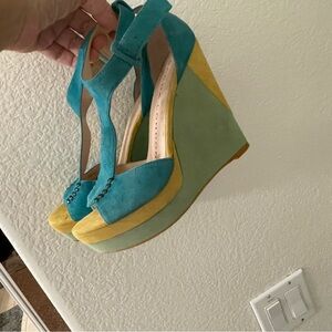 Lovely used Unique Sacha London Teal, Yellow, Green Wedge Sandals